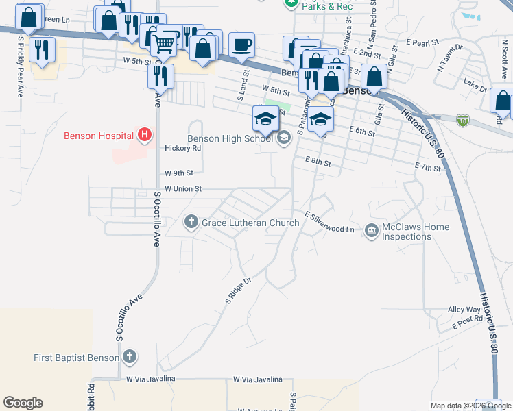 map of restaurants, bars, coffee shops, grocery stores, and more near 234 West Bonita Street in Benson
