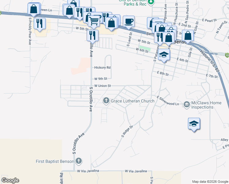 map of restaurants, bars, coffee shops, grocery stores, and more near 418 West Cactus Street in Benson