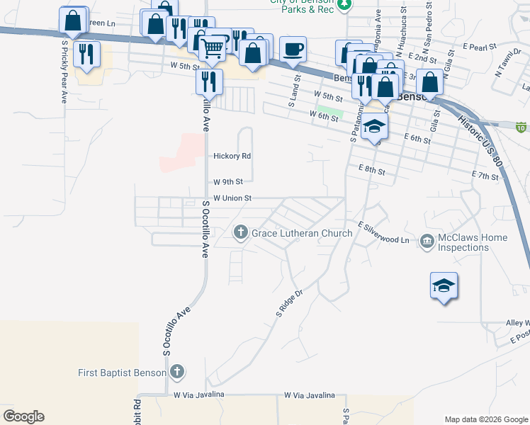 map of restaurants, bars, coffee shops, grocery stores, and more near 418 West Cactus Street in Benson