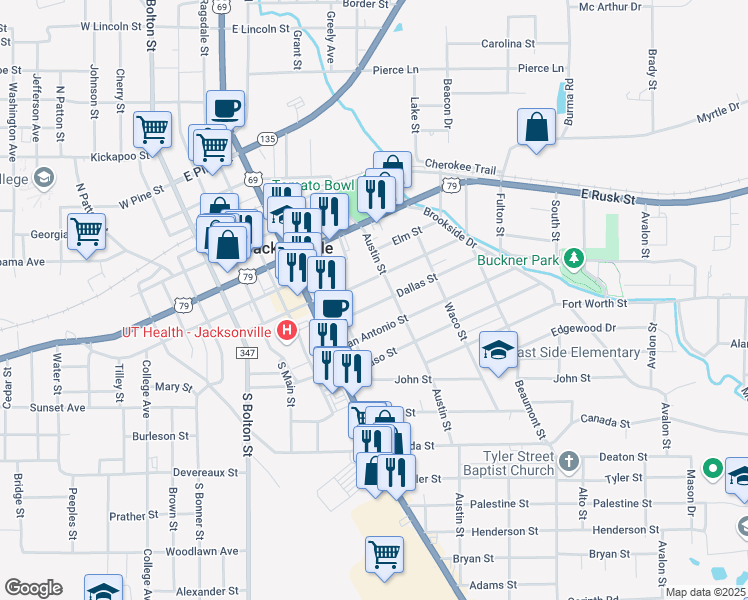 map of restaurants, bars, coffee shops, grocery stores, and more near 542 Dallas Street in Jacksonville
