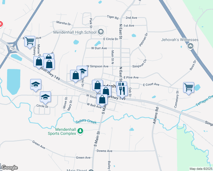 map of restaurants, bars, coffee shops, grocery stores, and more near 136-198 West Maud Avenue in Mendenhall