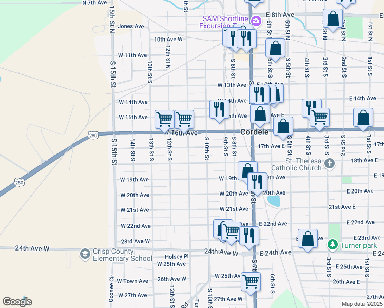 map of restaurants, bars, coffee shops, grocery stores, and more near 405 West 17th Avenue in Cordele