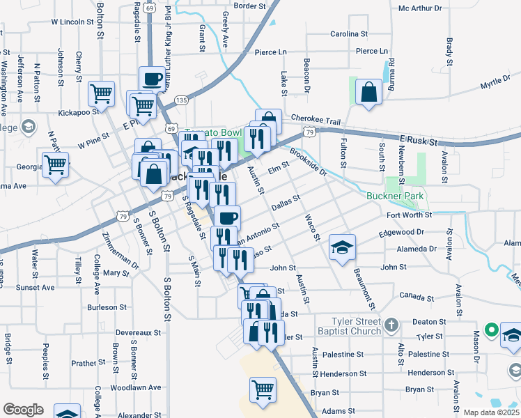 map of restaurants, bars, coffee shops, grocery stores, and more near 542 Dallas Street in Jacksonville