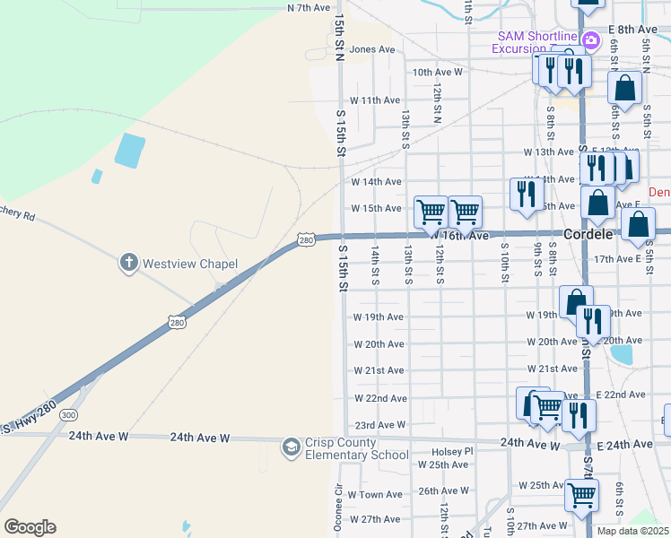 map of restaurants, bars, coffee shops, grocery stores, and more near 903 17th Avenue West in Cordele