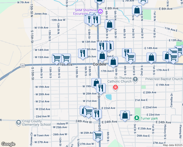 map of restaurants, bars, coffee shops, grocery stores, and more near 708 South 8th Street in Cordele