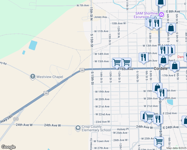 map of restaurants, bars, coffee shops, grocery stores, and more near 903 17th Avenue West in Cordele