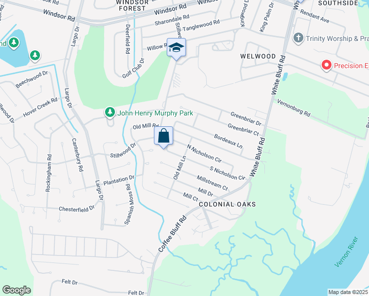 map of restaurants, bars, coffee shops, grocery stores, and more near 101 North Nicholson Circle in Savannah