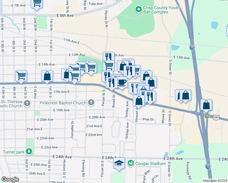 map of restaurants, bars, coffee shops, grocery stores, and more near 1113 18th Avenue East in Cordele