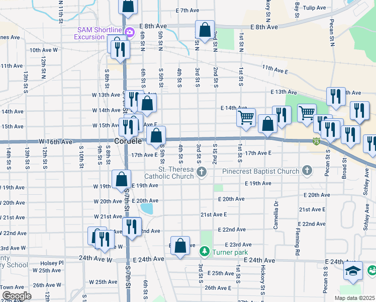 map of restaurants, bars, coffee shops, grocery stores, and more near 405 17th Avenue East in Cordele