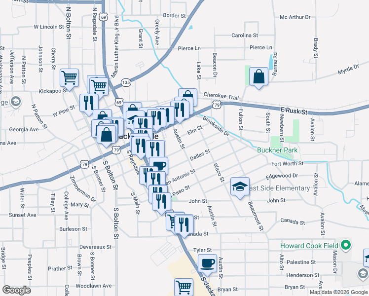 map of restaurants, bars, coffee shops, grocery stores, and more near 601 Elm Street in Jacksonville