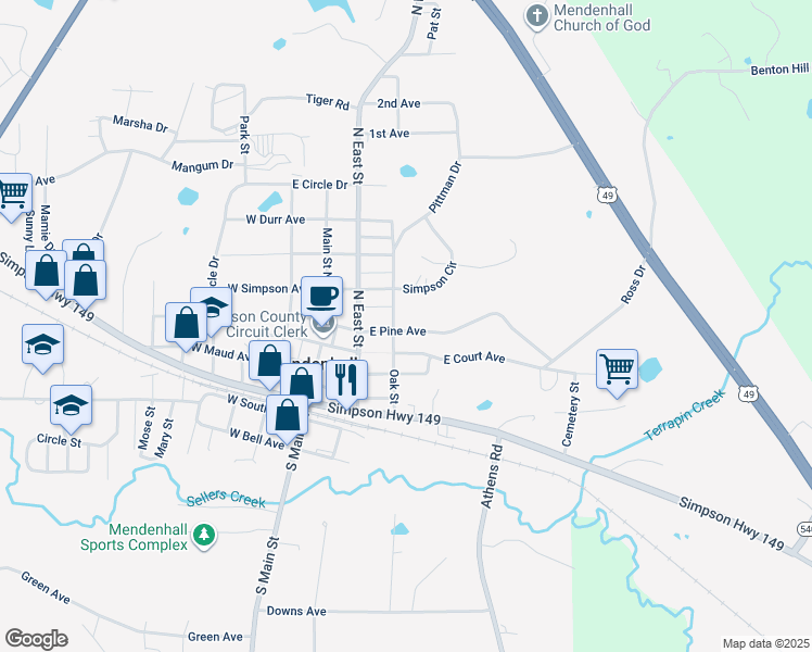 map of restaurants, bars, coffee shops, grocery stores, and more near 303 East Pine Avenue in Mendenhall
