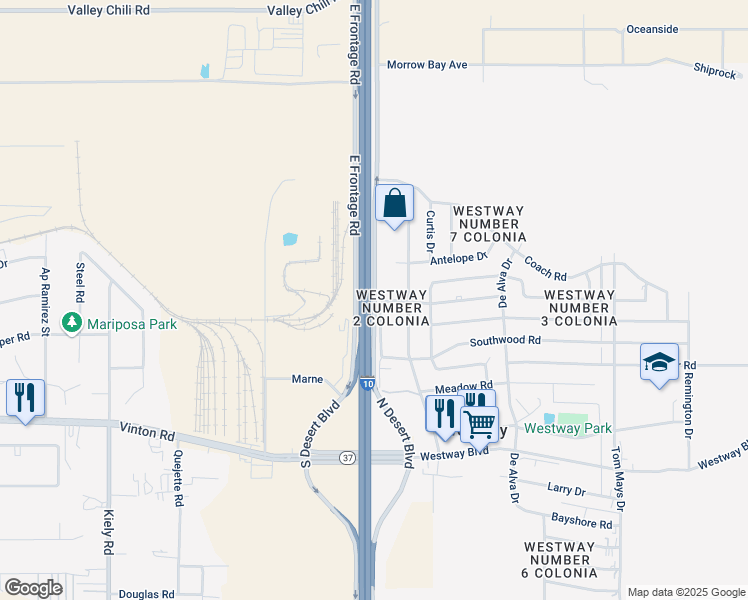 map of restaurants, bars, coffee shops, grocery stores, and more near 9120 Desert Boulevard in Canutillo
