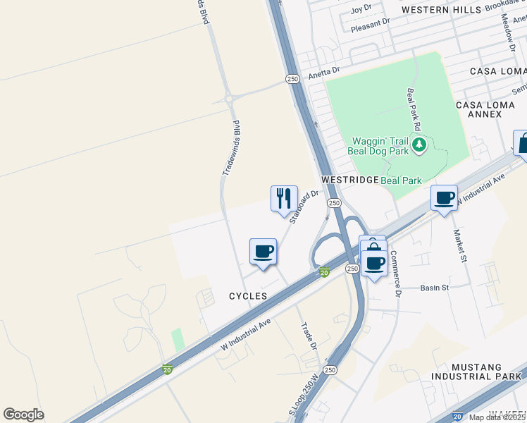 map of restaurants, bars, coffee shops, grocery stores, and more near 9600 West County Road 00152 in Midland