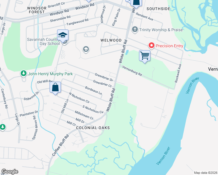 map of restaurants, bars, coffee shops, grocery stores, and more near 105 Greenbriar Court in Savannah