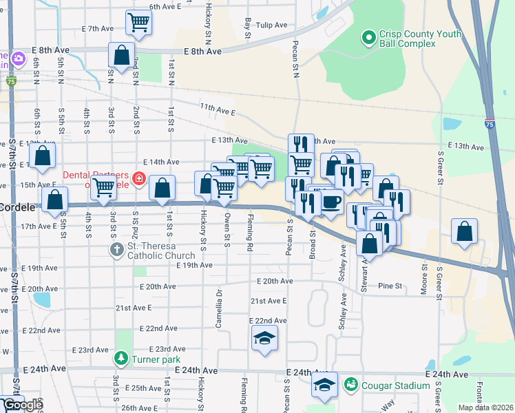 map of restaurants, bars, coffee shops, grocery stores, and more near 1011 16th Avenue East in Cordele
