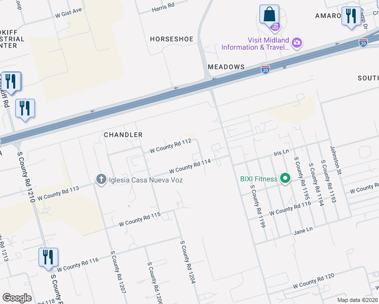 map of restaurants, bars, coffee shops, grocery stores, and more near 2401 West County Road 112 in Midland