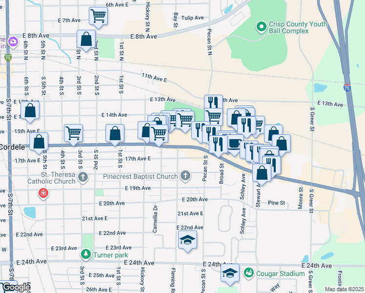 map of restaurants, bars, coffee shops, grocery stores, and more near 1011 16th Avenue East in Cordele