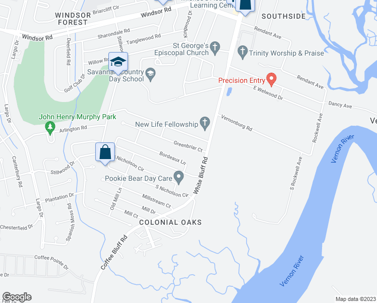 map of restaurants, bars, coffee shops, grocery stores, and more near 113 Greenbriar Court in Savannah