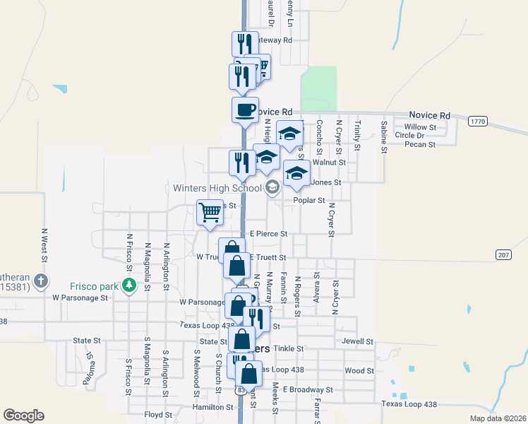 map of restaurants, bars, coffee shops, grocery stores, and more near 501 North Heights Street in Winters