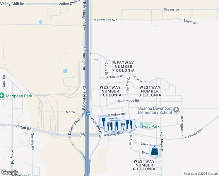 map of restaurants, bars, coffee shops, grocery stores, and more near 705 Applewood Road in Canutillo