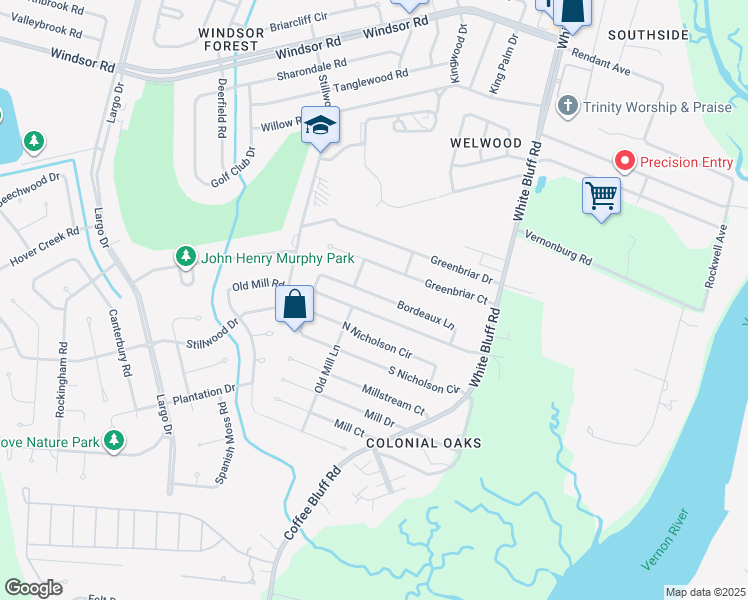 map of restaurants, bars, coffee shops, grocery stores, and more near 232 Bordeaux Lane in Savannah