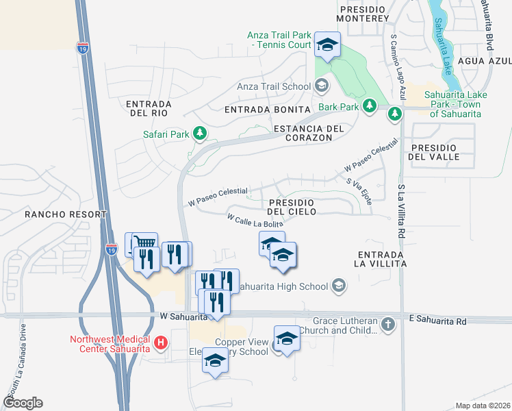 map of restaurants, bars, coffee shops, grocery stores, and more near 636 Vuelta Buril in Sahuarita