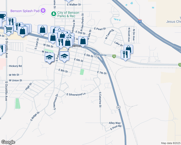 map of restaurants, bars, coffee shops, grocery stores, and more near 502 East 7th Street in Benson