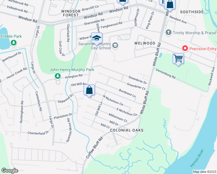 map of restaurants, bars, coffee shops, grocery stores, and more near 232 Bordeaux Lane in Savannah