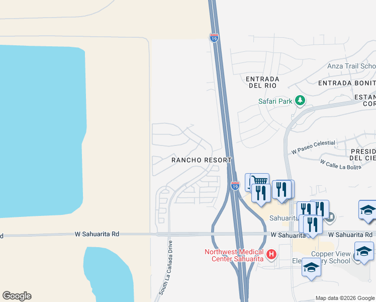 map of restaurants, bars, coffee shops, grocery stores, and more near 15764 South Via Cayetano in Sahuarita