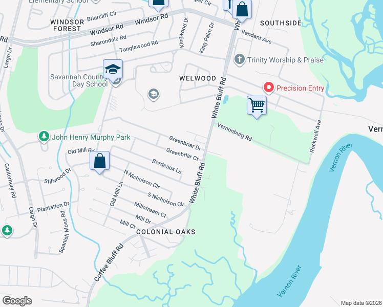 map of restaurants, bars, coffee shops, grocery stores, and more near 105 Greenbriar Court in Savannah