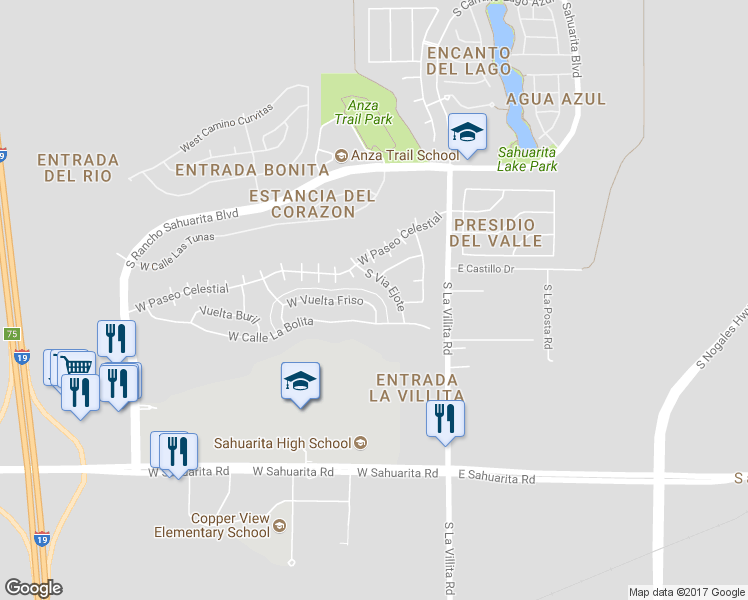 map of restaurants, bars, coffee shops, grocery stores, and more near 168 West Vuelta Friso in Sahuarita