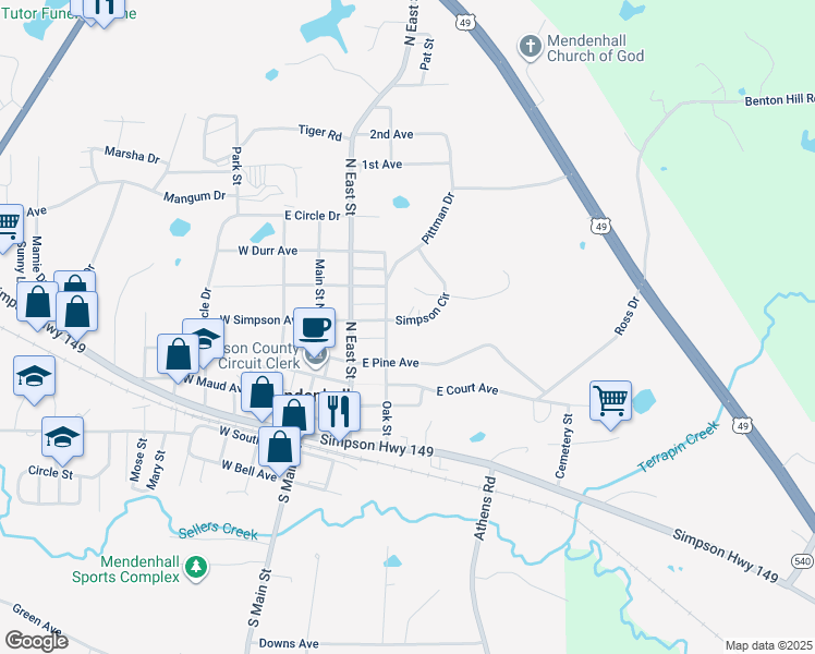 map of restaurants, bars, coffee shops, grocery stores, and more near 303 East Pine Avenue in Mendenhall