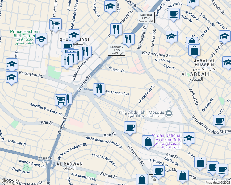 map of restaurants, bars, coffee shops, grocery stores, and more near Rafiq Al Hariri Avenue in Amman