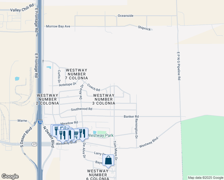 map of restaurants, bars, coffee shops, grocery stores, and more near 1501 Coach Road in Canutillo