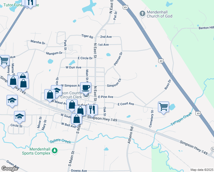 map of restaurants, bars, coffee shops, grocery stores, and more near 509 Oak Street in Mendenhall