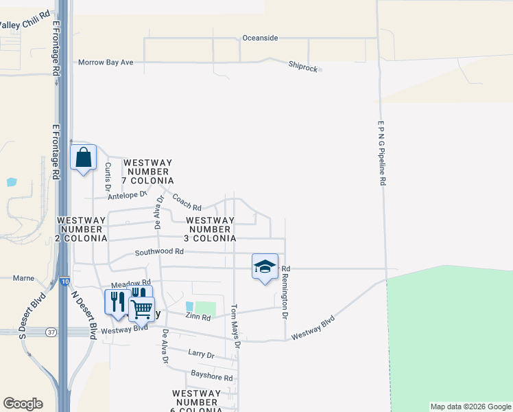 map of restaurants, bars, coffee shops, grocery stores, and more near 1605 Coach Road in Canutillo