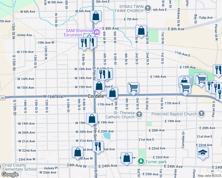 map of restaurants, bars, coffee shops, grocery stores, and more near 412 South 5th Street in Cordele
