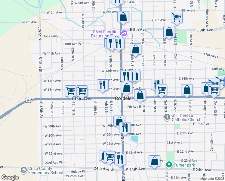 map of restaurants, bars, coffee shops, grocery stores, and more near 404-498 8th St in Cordele