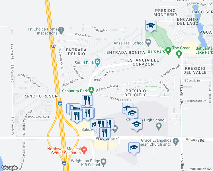 map of restaurants, bars, coffee shops, grocery stores, and more near 688 West Paseo Celestial in Sahuarita