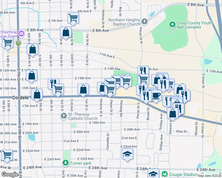 map of restaurants, bars, coffee shops, grocery stores, and more near 816 15th Avenue East in Cordele