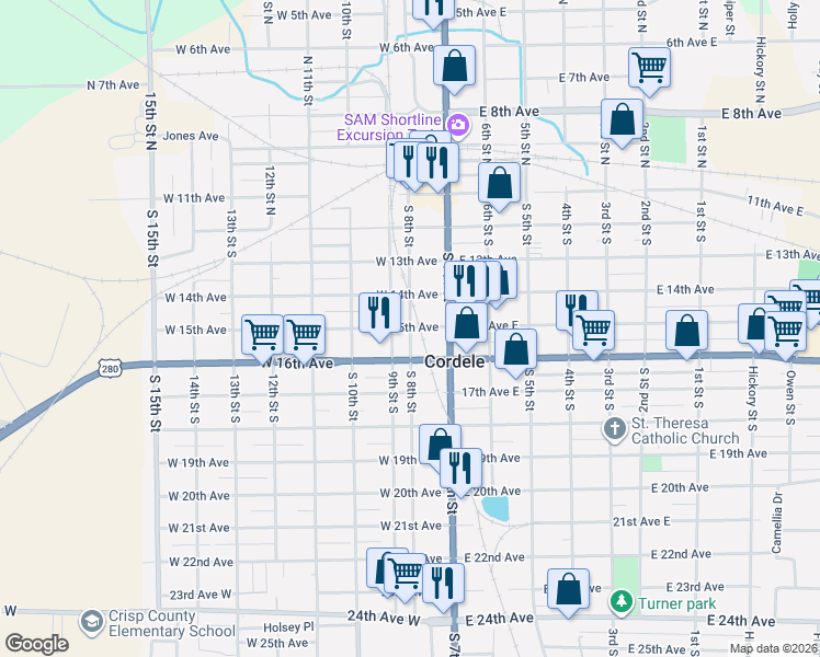 map of restaurants, bars, coffee shops, grocery stores, and more near 404-498 8th St in Cordele