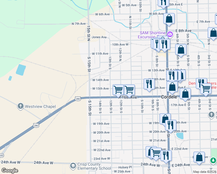 map of restaurants, bars, coffee shops, grocery stores, and more near 704 West 15th Avenue in Cordele