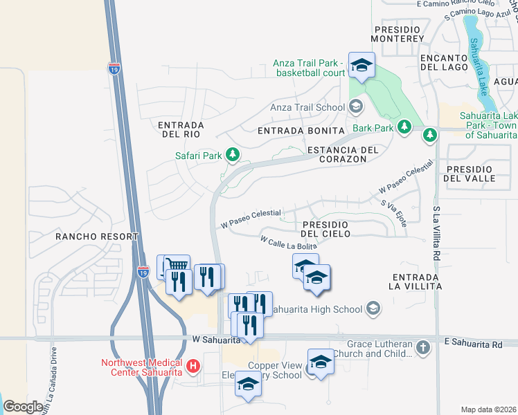 map of restaurants, bars, coffee shops, grocery stores, and more near 726 West Paseo Celestial in Sahuarita