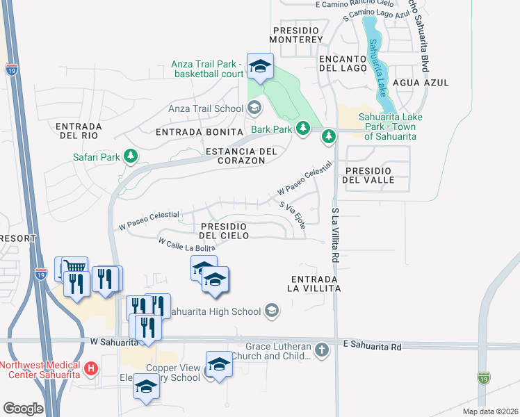 map of restaurants, bars, coffee shops, grocery stores, and more near 277 West Paseo Celestial in Sahuarita