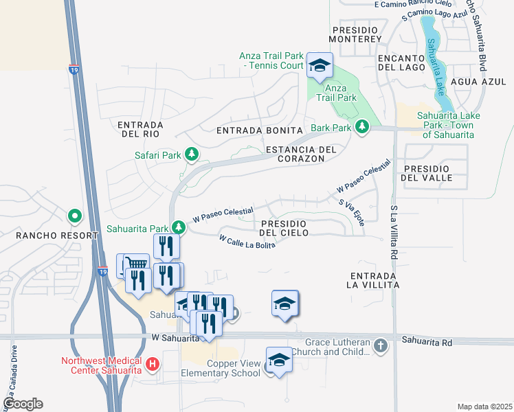 map of restaurants, bars, coffee shops, grocery stores, and more near 612 West Paseo Celestial in Sahuarita