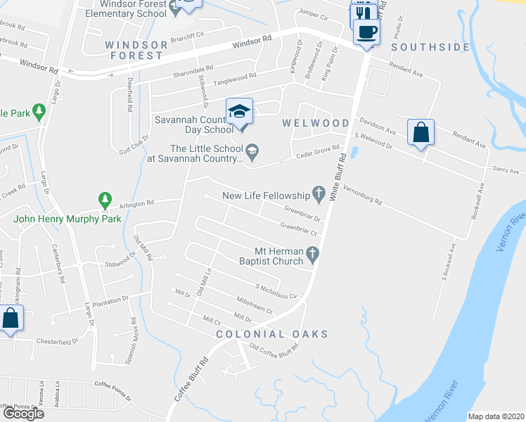 map of restaurants, bars, coffee shops, grocery stores, and more near 138 Greenbriar Court in Savannah