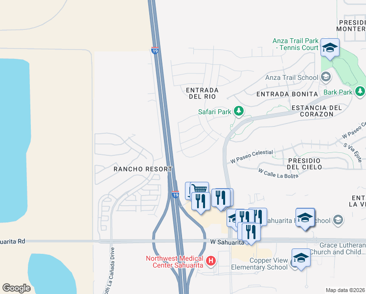 map of restaurants, bars, coffee shops, grocery stores, and more near 1051 West Placita Tipoy in Sahuarita
