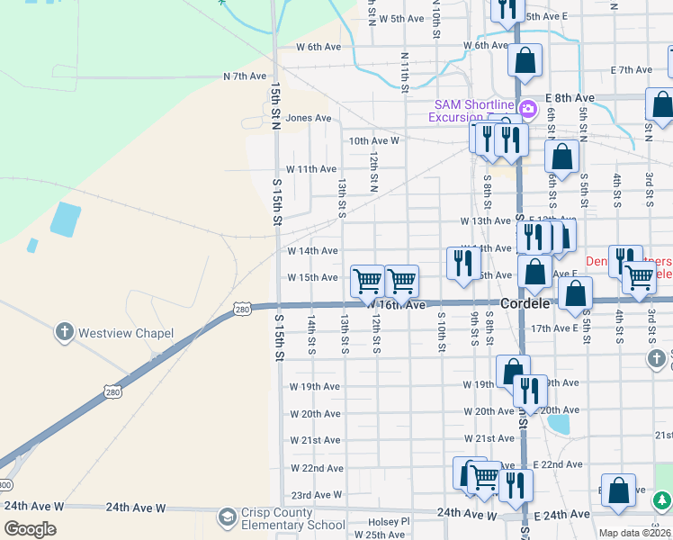 map of restaurants, bars, coffee shops, grocery stores, and more near 704 West 15th Avenue in Cordele