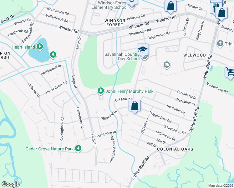 map of restaurants, bars, coffee shops, grocery stores, and more near 413 Arlington Road in Savannah