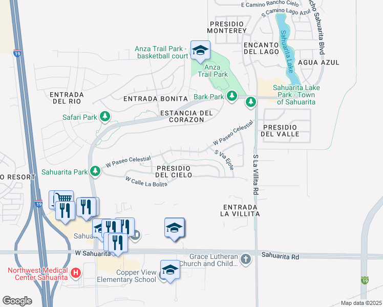 map of restaurants, bars, coffee shops, grocery stores, and more near 341 West Paseo Celestial in Sahuarita